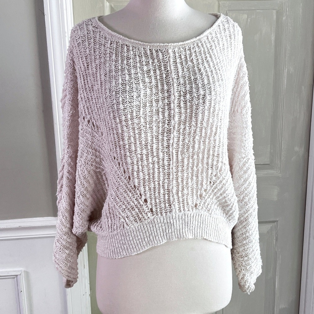 Anthropologie Batwing Crop SP Sweater Cream Women Open Knit Boho Coastal Ivory